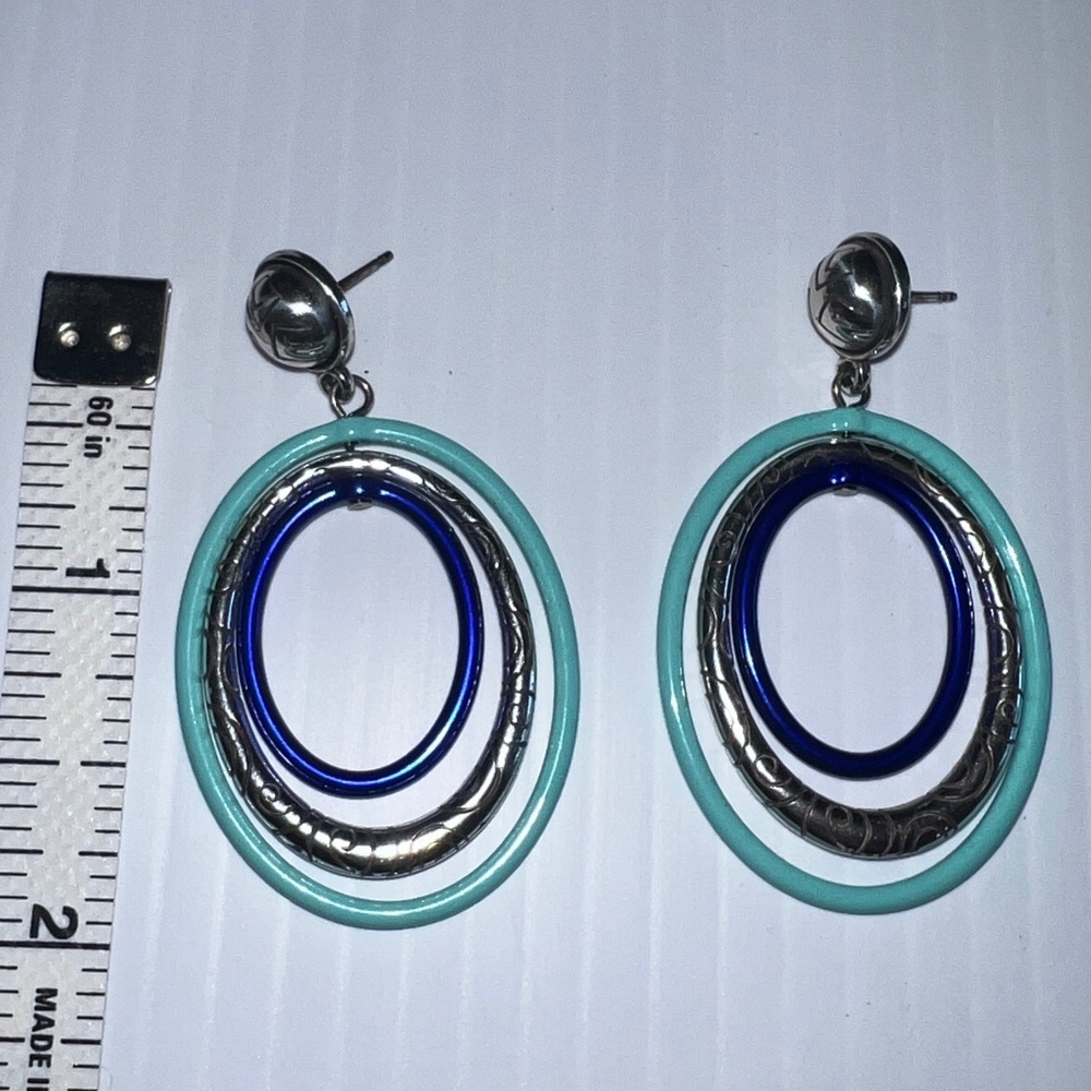 Brighton silver post earrings with turquoise, navy and silver ovals that move - Picture 2 of 3